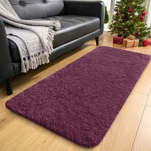 OLANLY 2x4 Machine Washable Runner Rugs for Hallway, Soft Fluffy Shaggy Bedside Rugs for Bedroom, Living Room, Indoor Floor Carpet for Kids Girls Boys, Nursery Rooms, Home Decor Aesthetic, Burgundy by OLANLY