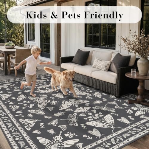 AMOAMI-Outdoor Rug-Patio Rug 8x10 ft Quick Dry Machine Washable Flatweave Textured Outdoor Carpet with Rubber Particles Backing Indoor Outdoor Rug for Patio Deck Front Porch Balcony Greyish Black - Image 7