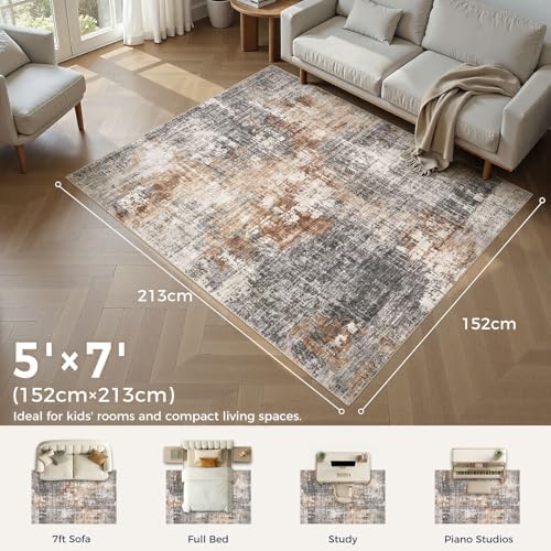 Area Rug Living Room Rugs - 5x7 Washable Large Soft Indoor Neutral Modern Abstract Low Pile Rug Carpet for Bedroom Dining Room Farmhouse Home Office - Grey Brown - Image 2