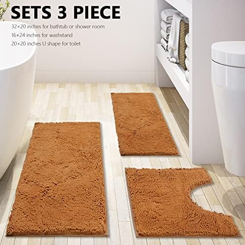 Bathroom Rugs Chenille 3-Piece Extra Soft and Absorbent Shag Bathroom Rugs, Machine Wash Mat, Strong PVC Non-Slip Underside, Plush Carpet Mats (Champagne) - Image 3