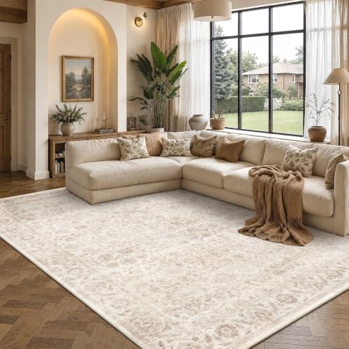 Washable 9x12 Living Room Non-Slip Area Rug Retro Beige Large Carpet by HOME
