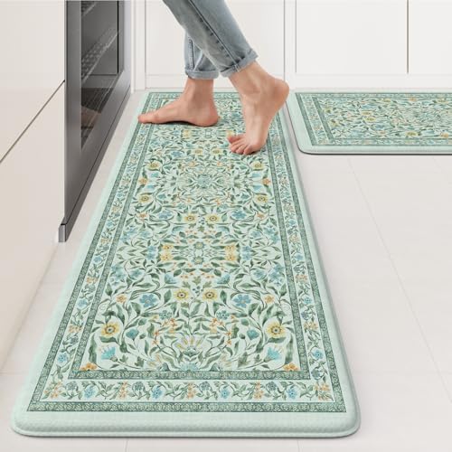 KIMODE Kitchen Mats for Floor Anti Fatigue, Blue Green Kitchen Floor Mats by StayinComfortCookwithJoy