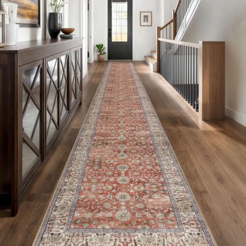 KUTA Vintage Washable Extra Long Runner Rug for Hallway 2.6x20ft Red Clay by KUTA
