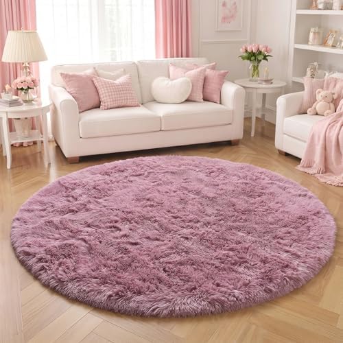 Amdrebio Mauve Pink Big Round Fuzzy Rug 6Ft for Living Room Girls Bedroom - Image 4