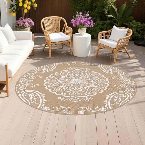Pauwer Outdoor Rug 6ft, Waterproof Plastic Straw Camping Rug, Boho Brown by Pauwer
