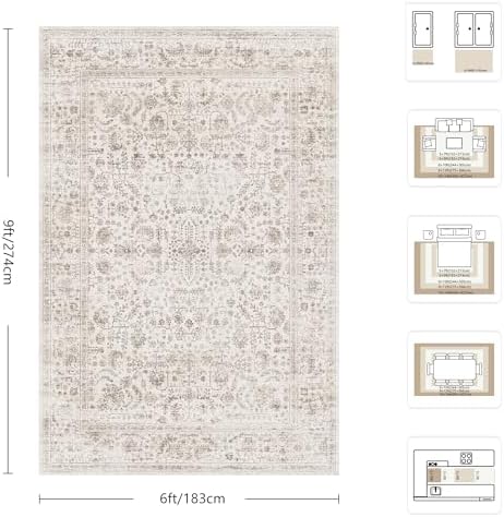 6x9 Area Rugs, Washable Vintage Retro Floral Rug for Living Room, Low Pile Non Slip Distressed Large Carpet for Bedroom, Dining Room, Office, Home (Light Brown) - Image 2