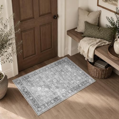 JOOJA 2x3 Grey Vintage Low Pile Non Slip Washable Boho Entryway Throw Rug by JOOJA