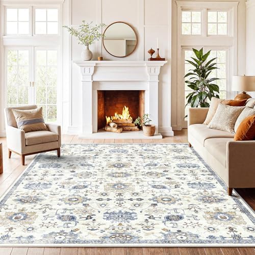 Amada 6x9 Washable Area Rug for Dining Room, Blue/White, Vintage Pattern by AMADAHOMEFURNISHING