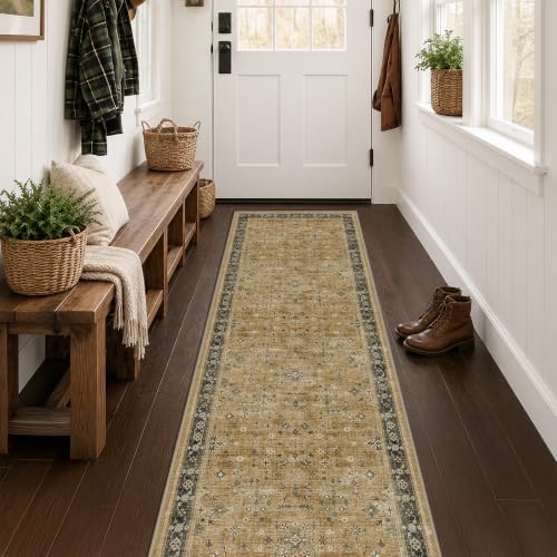 Hazo Haus Boho 2x7 Runner Rug for Hallway, Washable Runner Rug for Kitchen, Non-Slip Low-Pile Washable Stain Resistant, Vintage Rustic Brown and Charcoal Olive Décor by HazoHaus