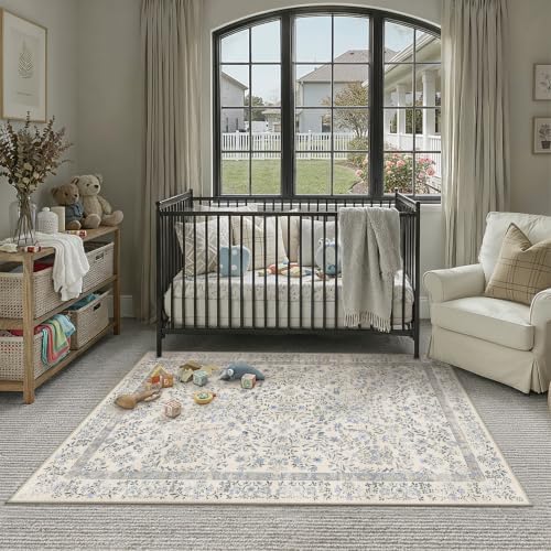 PureCozy 3x5 Blue Floral Small Area Rug Vintage Farmhouse Style - Image 3