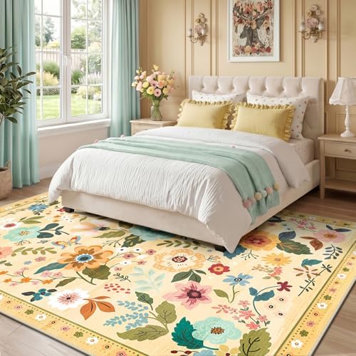 RELEANY Floral Washable 9x12 Area Rugs Yellow/Orange - Image 2