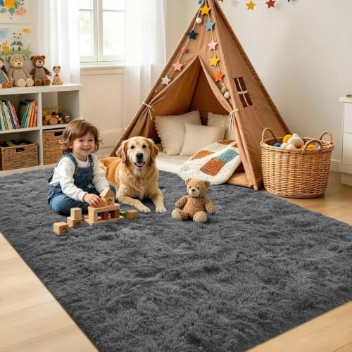 6x9 Large Dark Grey Fluffy Soft Area Rug Non-Slip for Living Room Bedroom - Image 4