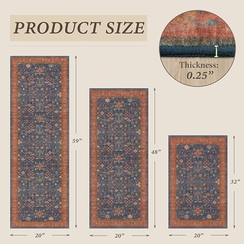 JTJ Boho Kitchen Rug Set of 3, Washable Non-Slip Mats, Navy Blue - Image 2