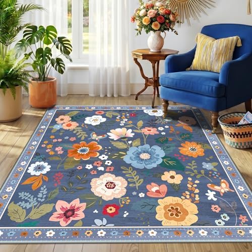 RELEANY Floral Washable Square 4ft Area Rug Blue/Grey by RELEANY