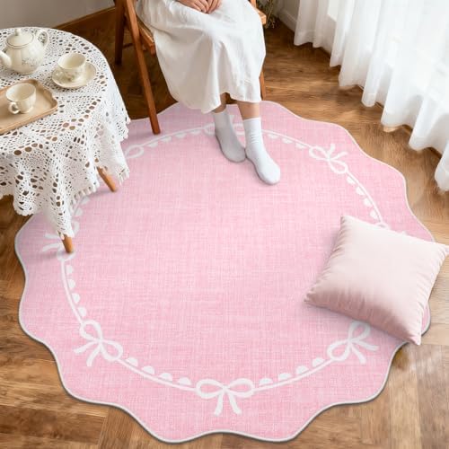GarveeHome 5ft Round Rugs Washable Scalloped Bow Rug for Bedroom, Pink - Image 3