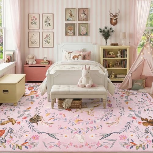 jinchan 8x10 Kids Playroom Rug Washable Girls Room Nursery Unicorn Rug Pink - Image 3