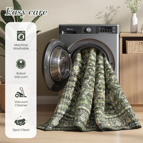 5x7 Olive Green Area Rugs for Living Room, Vintage Washable Rug - Image 6