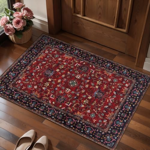 Oriental Red 2x3 Washable Rugs for Entryway, Non Slip Small Entry Rug by Tangsoo