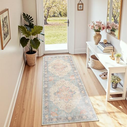 RELEANY Washable Area Rug, Runner 2'x8', Blue/Orange/Red - Image 3