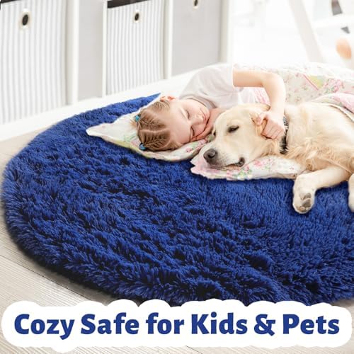Amdrebio Navy Blue Large Fluffy Round Rug 7Ft for Living Room Boys Bedroom - Image 2