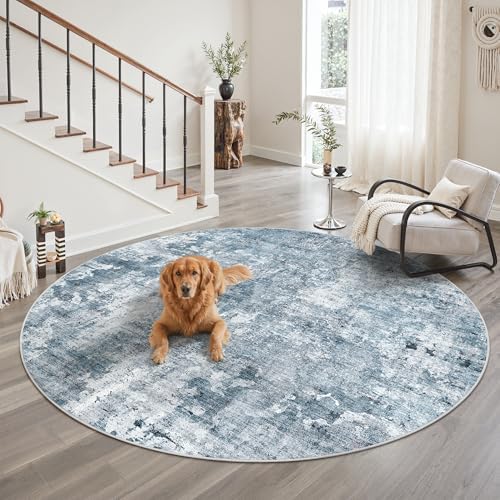 Soalmost Round Rugs 8ft Living Room Circle Area Rug 8x8 Blue/Grey Vintage - Image 2