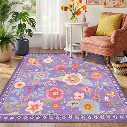 RELEANY Floral Washable Square 5ft Area Rug Purple/Pink - Image 2