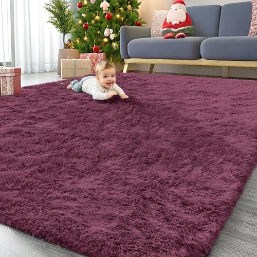 OLANLY 9x12 Machine Washable Large Area Rugs for Living Room, Bedroom, Soft Fluffy Shaggy Bedside Rug, Indoor Floor Carpet for Kids Girls and Boys, Dorms, Nursery, Home Decor Aesthetic, Burgundy by OLANLY
