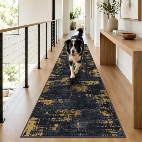 Hallway Runner Rug 2x10 Textured Non Slip Carpet Runner, Navy/Gold - Image 3