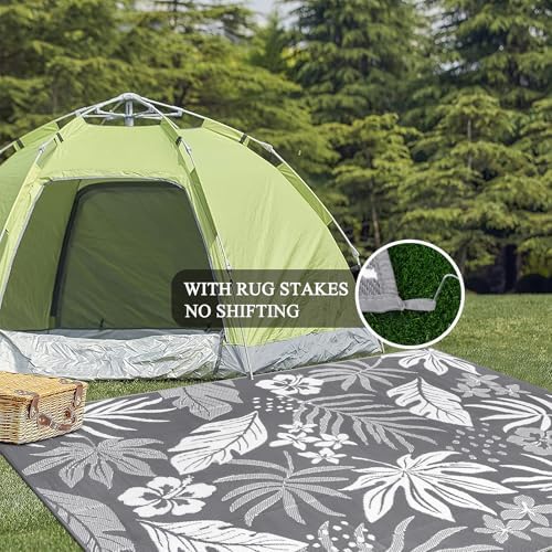 Pauwer Waterproof Outdoor Rug 8x10, Plastic Straw Patio Rug, Floral Grey - Image 6