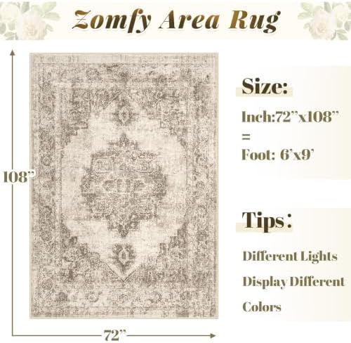 Area Rug 6x9 Vintage Rugs: Washable Indoor Medallion Rug Low Pile Distressed Floor Carpet Retro Accent Rugs for Living Room Bedroom Kitchen Dining Table Home Office(Taupe, 6'x9') - Image 2
