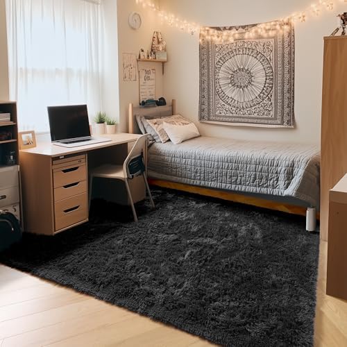 Black Rugs for Kids Bedroom Dorm, 3x5 Fluffy Bedside Small Soft Area Rug by ONASAR