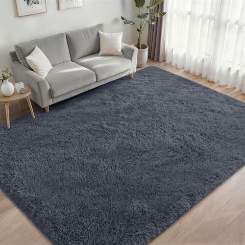 Area Rug Living Room Bedroom: 6x9 Fluffy Plush Shag Carpet Grey - Image 2