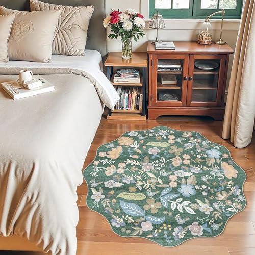 4ft Scalloped Small Round Rug: Non-Slip Washable Floral Circle Rug Green - Image 5