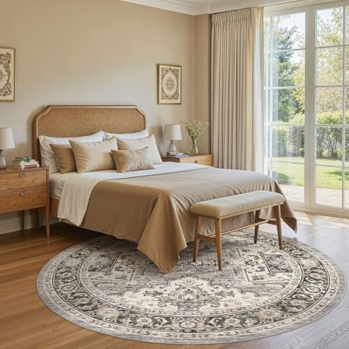 Area Rug for Living Room - 8x8 Soft Machine Washable Oriental Vintage Floral Distressed Large Indoor Floor Carpet for Bedroom Under Dining Table Home Office Decor - Brown - Image 4