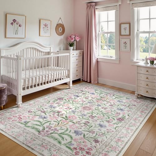 Wonnitar Boho Floral Area Rug 6x9, Washable Purple Rugs for Bedroom Girls, Non Slip Ultra-Thin Soft Indoor Baby Carpet for Nursery Dorm Kids Room Living Room, Light Purple/Pink - Image 6