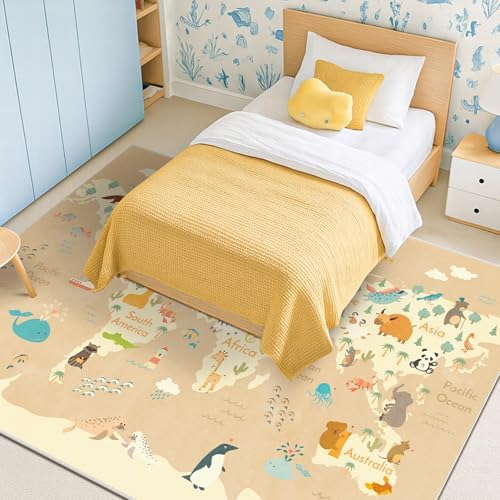 Hazo Haus Large Kids Rugs for Classroom - 6x9 Kids Room Rug with Animal & Educational World Map Area Rug - Washable, Non-Slip, Stain Resistant, Soft & Safe for Child, Playroom Essentials - Soft Beige - Image 3