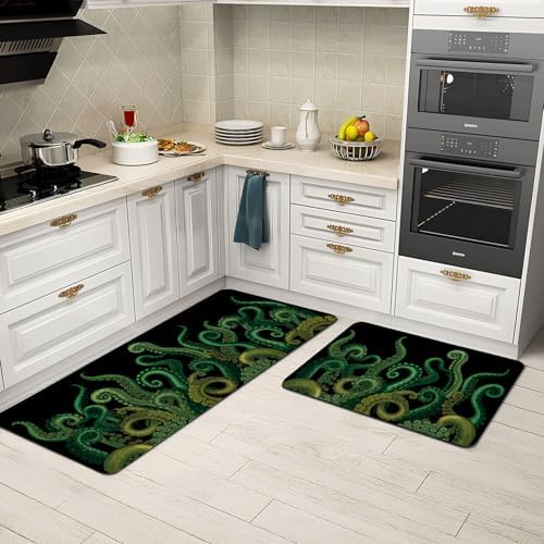 Funny Octopus Tentacle Kitchen Rugs Sets of 2 Non Slip Washable, Black Cthulhu Kraken Kitchen Mats for Floor 2 Piece Home Decor - Image 4