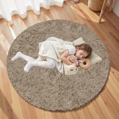 Grey Camel Round Fluffy Rug 5ft Plush Fuzzy Shaggy Carpet - Image 5