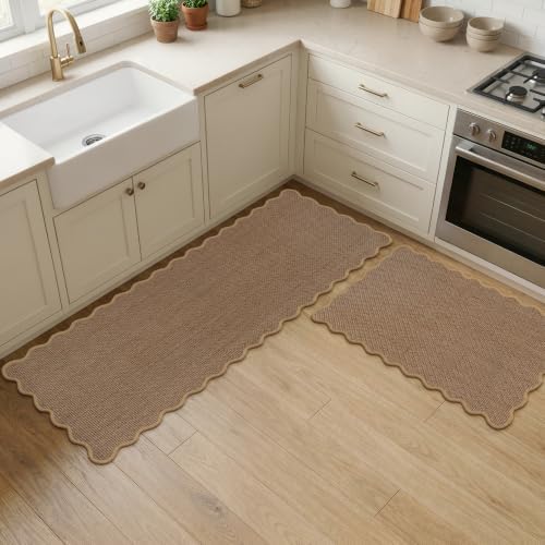 KIMODE Kitchen Rugs and Mats Set of 2 Scalloped Kitchen Mats for Floor by StayinComfortCookwithJoy