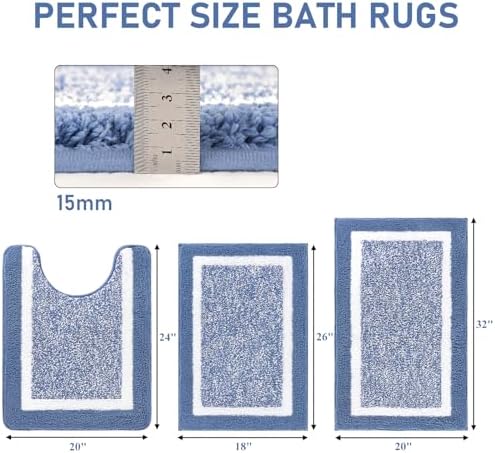 Pauwer 3 Piece Bathroom Rug Set, Non Slip Washable Bath Mat, Blue - Image 2