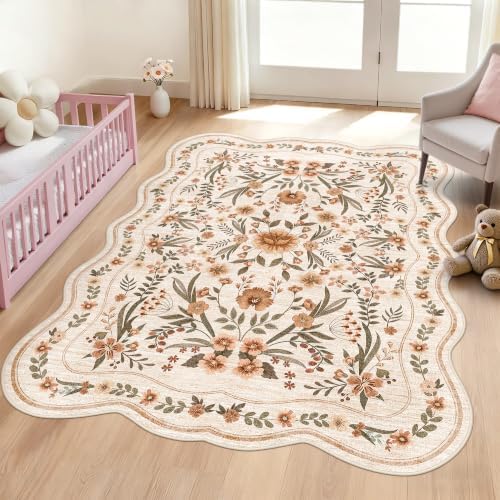 Scalloped Floral Rug 5x7, Beige Terracotta Washable Non Slip Area Rug for Girls Bedroom, Soft Low Pile Cottagecore Carpet for Nursery, Dorm, Kids Room, Living Room by Dadasgk
