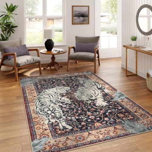 Moynesa Tiger Washable Area Rugs for Living Room, 5x7 Vintage Soft Rug for Bedroom, Non Slip Boho Ultra Thin Large Stain Resistant Throw Rug for Dining Guest Room, Puce Red by Moynesa