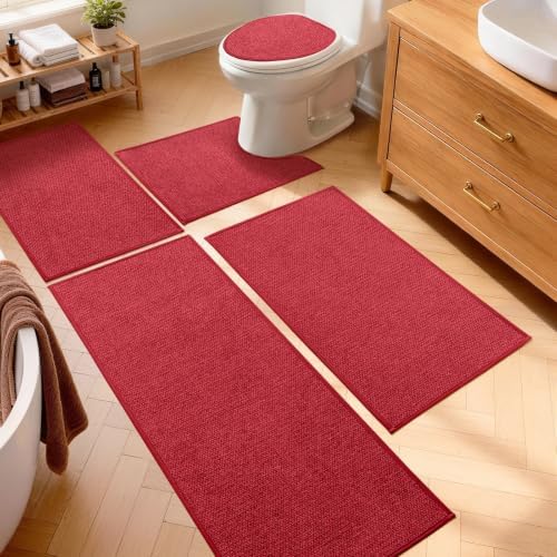 YIHOUSE Red Bathroom Rugs Sets 5 Piece, Quick Dry Thin Bath Mat with Toilet Rug - Non Slip Absorbent Machine Washable - Bath Runner Rugs for Bathtub Sink Home Decor by YIHOUSE
