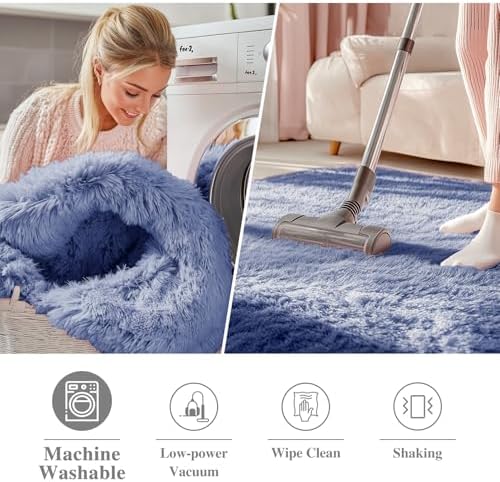 OLANLY Denim Blue Round Rugs for Bedroom - Machine Washable, 5 ft Circle Area Rugs for Living Room, Soft and Fluffy Shaggy Carpet for Teen Girl and Boys, Nursery Rooms, Dorms, Home Decor Aesthetic - Image 3