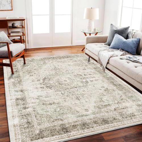CHAMPLANT Washable Area Rug 9'x12' Retro Floral Khaki Boho Design Non-Shedding Easy Care Ideal for High Traffic Areas in Living Room Bedroom Office Coffee Table Kitchen Large Carpet by CHAMPLANT