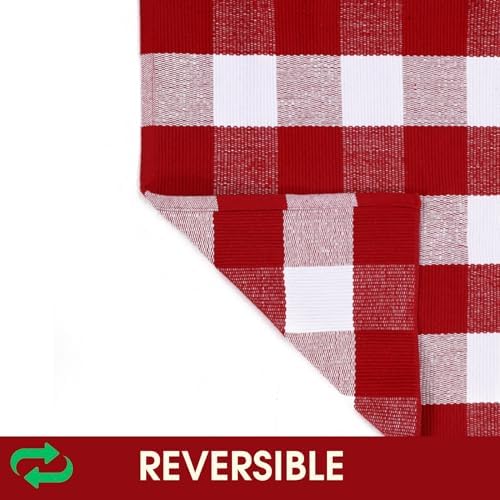 Christmas Red and White Plaid Door Mat, 3' x 5'Cotton Hand-Woven Layered Entry Mat for Front Porch, Entryway, Outdoor Holiday Decor, Washable Buffalo Check Doormat for Home, Patio, Kitchen - Image 5