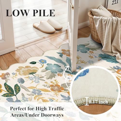 3x12 Washable Scalloped Floral Rug: Non Slip Long Hallway Runner Rug Cream - Image 4
