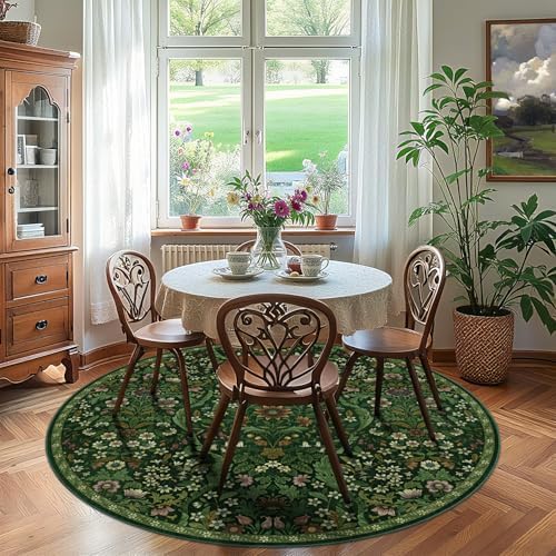 Round Rug 6ft Floral Circle Rug Green Botanical Indoor Area Rug - Image 3