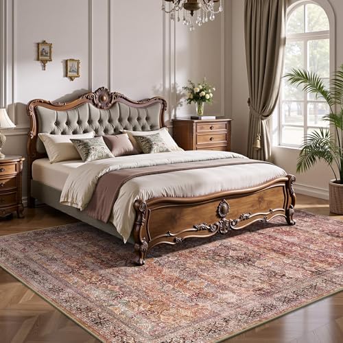 5x7 Area Rugs - Washable Vintage Retro Living Room Rug, Soft Ultra Thin Non Slip Low Pile Traditional Distressed Boho Carpet for Bedroom Dining Room Nursery Home Office, Vintage Iron Red - Image 3