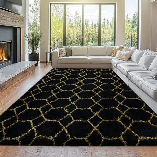 Topmaxcs Shag Rugs for Living Room 8x10: Black and Gold Geometric Area Rug by TOPMAXCS